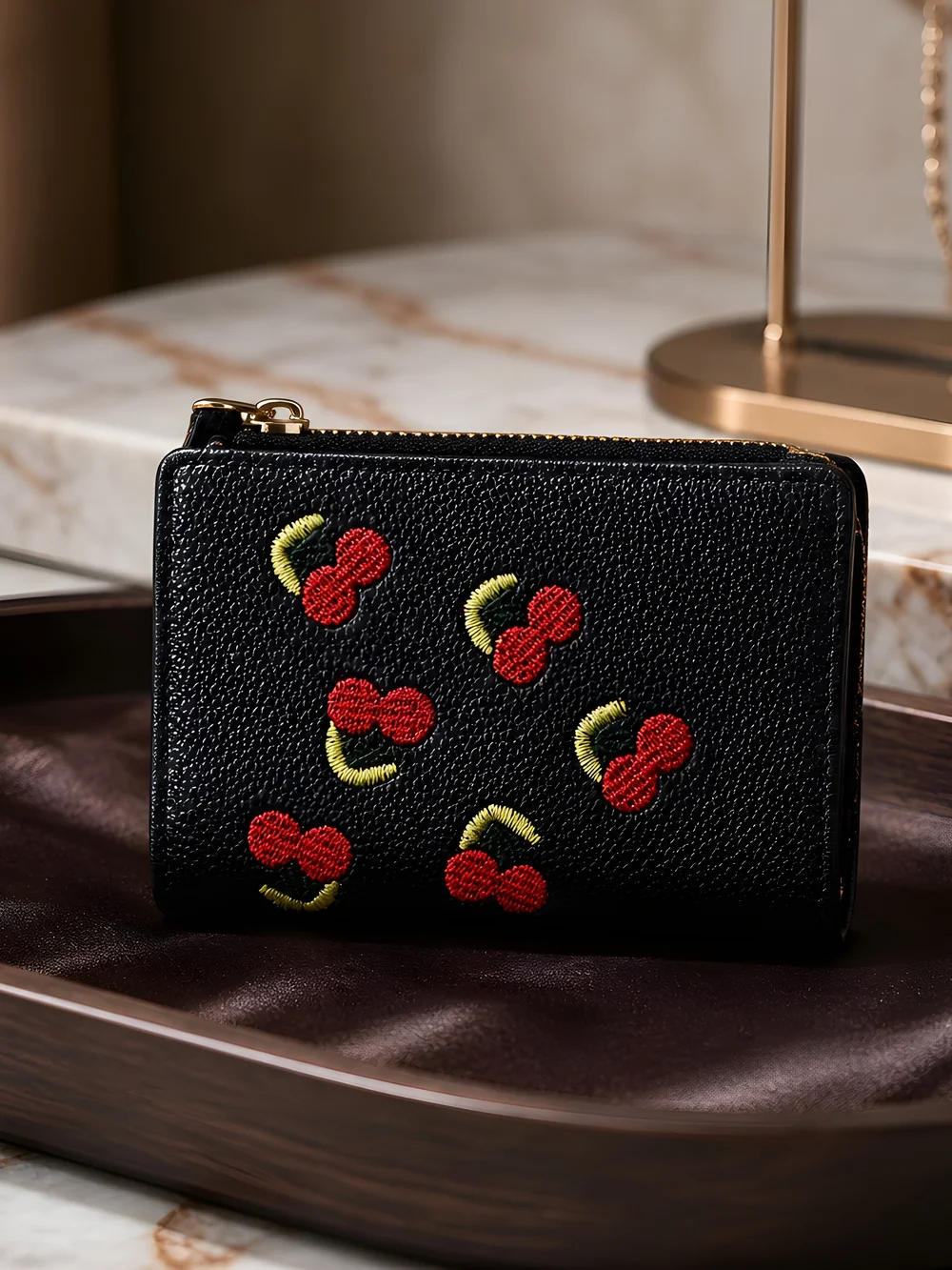 Black Embroidered Cherry Zip Wallet